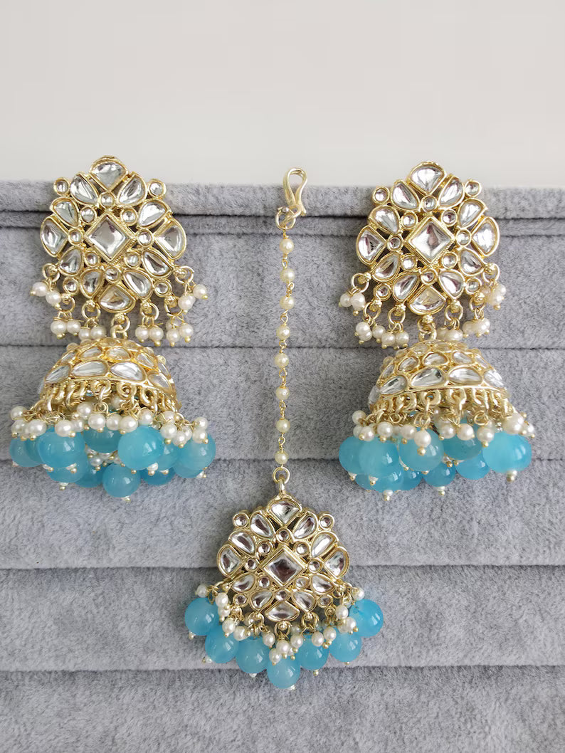 Aqua Blue Gold Kundan Tikka w/Earring Set/ Indian Bridal Maang Tikka /Teeka Tika Headpiece Handmade Pearl Jewelry For Women Bollywood