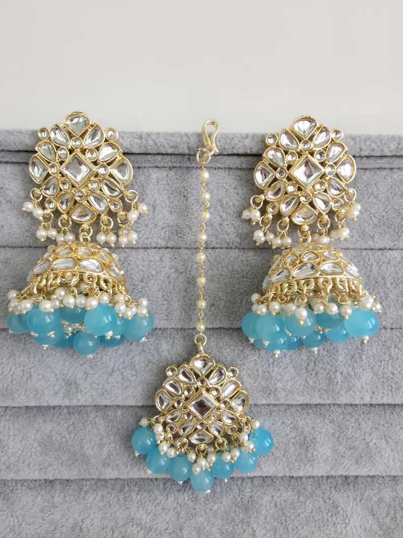 Aqua Blue Gold Kundan Tikka w/Earring Set/ Indian Bridal Maang Tikka /Teeka Tika Headpiece Handmade Pearl Jewelry For Women Bollywood