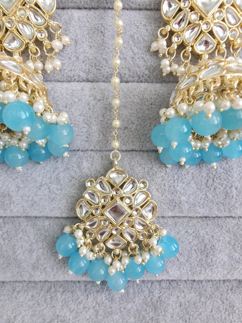 Aqua Blue Gold Kundan Tikka w/Earring Set/ Indian Bridal Maang Tikka /Teeka Tika Headpiece Handmade Pearl Jewelry For Women Bollywood