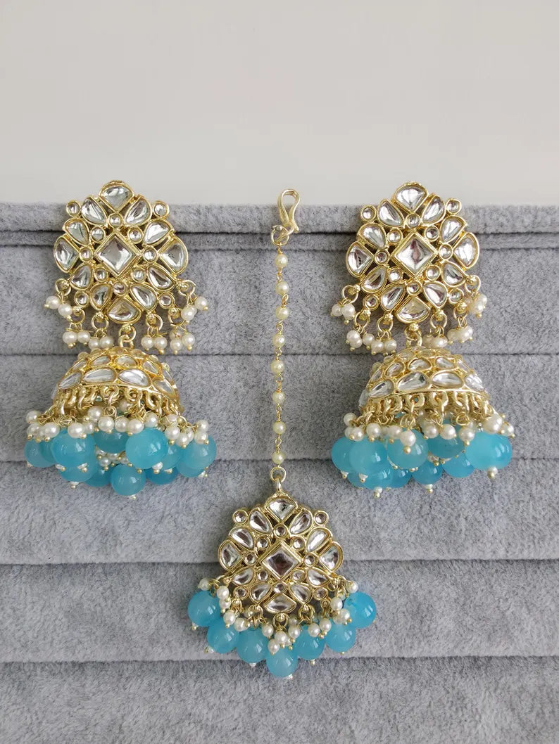 Aqua Blue Gold Kundan Tikka w/Earring Set/ Indian Bridal Maang Tikka /Teeka Tika Headpiece Handmade Pearl Jewelry For Women Bollywood