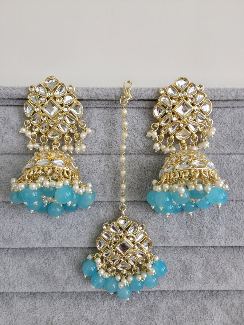 Aqua Blue Gold Kundan Tikka w/Earring Set/ Indian Bridal Maang Tikka /Teeka Tika Headpiece Handmade Pearl Jewelry For Women Bollywood
