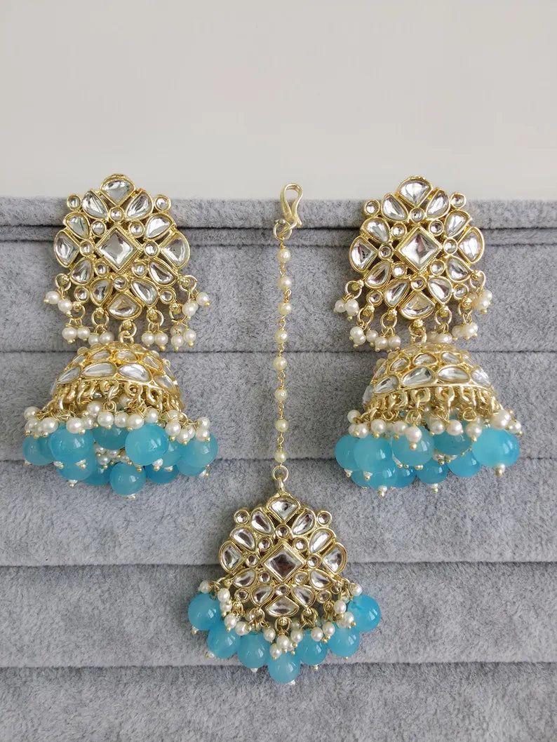 Aqua Blue Gold Kundan Tikka w/Earring Set/ Indian Bridal Maang Tikka /Teeka Tika Headpiece Handmade Pearl Jewelry For Women Bollywood