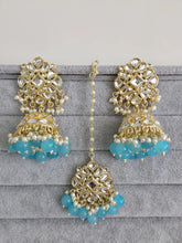 Aqua Blue Gold Kundan Tikka w/Earring Set/ Indian Bridal Maang Tikka /Teeka Tika Headpiece Handmade Pearl Jewelry For Women Bollywood