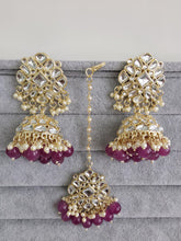 Purple Gold Kundan Tikka w/Earring Set/ Indian Bridal Maang Tikka /Teeka Tika Headpiece Handmade Pearl Jewelry For Women Bollywood