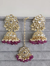 Purple Gold Kundan Tikka w/Earring Set/ Indian Bridal Maang Tikka /Teeka Tika Headpiece Handmade Pearl Jewelry For Women Bollywood