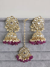 Purple Gold Kundan Tikka w/Earring Set/ Indian Bridal Maang Tikka /Teeka Tika Headpiece Handmade Pearl Jewelry For Women Bollywood