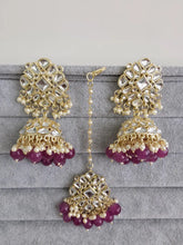 Purple Gold Kundan Tikka w/Earring Set/ Indian Bridal Maang Tikka /Teeka Tika Headpiece Handmade Pearl Jewelry For Women Bollywood