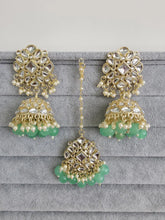 Mint Green Gold Kundan Tikka w/Earring Set/ Indian Bridal Maang Tikka /Teeka Tika Headpiece Handmade Pearl Jewelry For Women Bollywood