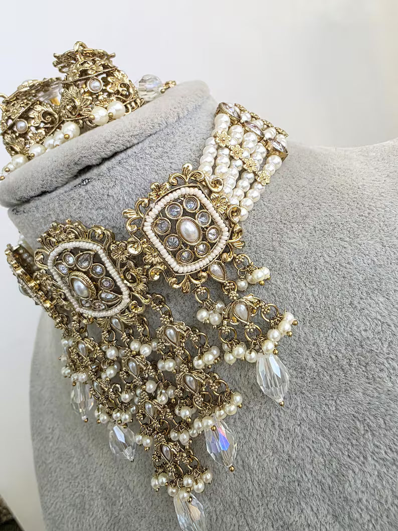 Antique Polki Pearl Kundan Choker set/Statement Necklace Set/Indian Jewelry/Pakistani Jewelry set/Wedding necklace/Bridal necklace/Indian