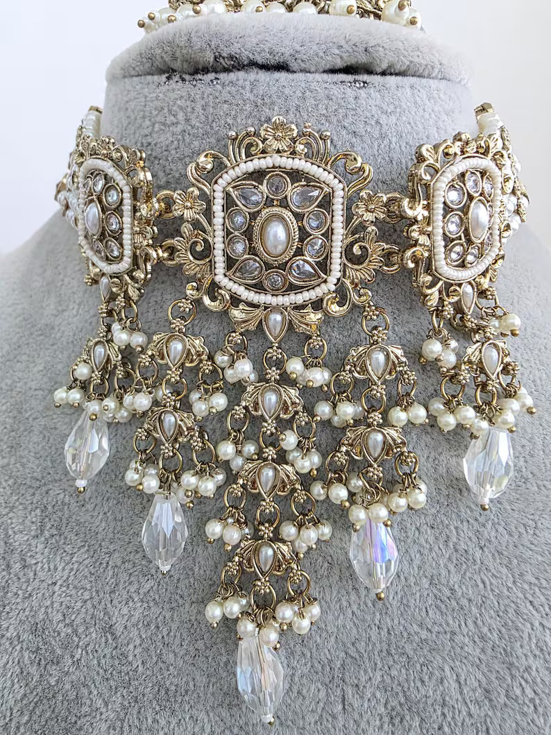 Antique Polki Pearl Kundan Choker set/Statement Necklace Set/Indian Jewelry/Pakistani Jewelry set/Wedding necklace/Bridal necklace/Indian