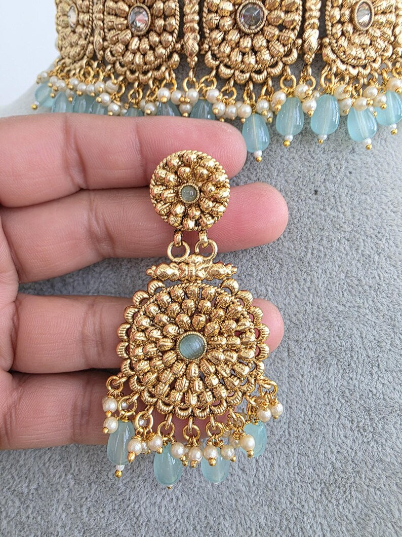 Aqua Blue Gold Pearl Kundan Choker set/Statement Necklace Set/Indian Jewelry/Pakistani Jewelry set/Wedding necklace/Bridal necklace/Indian