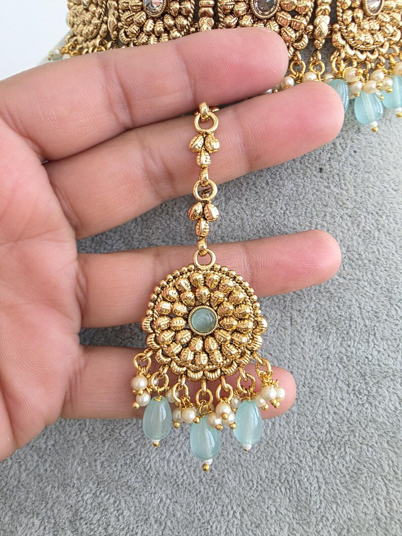 Aqua Blue Gold Pearl Kundan Choker set/Statement Necklace Set/Indian Jewelry/Pakistani Jewelry set/Wedding necklace/Bridal necklace/Indian