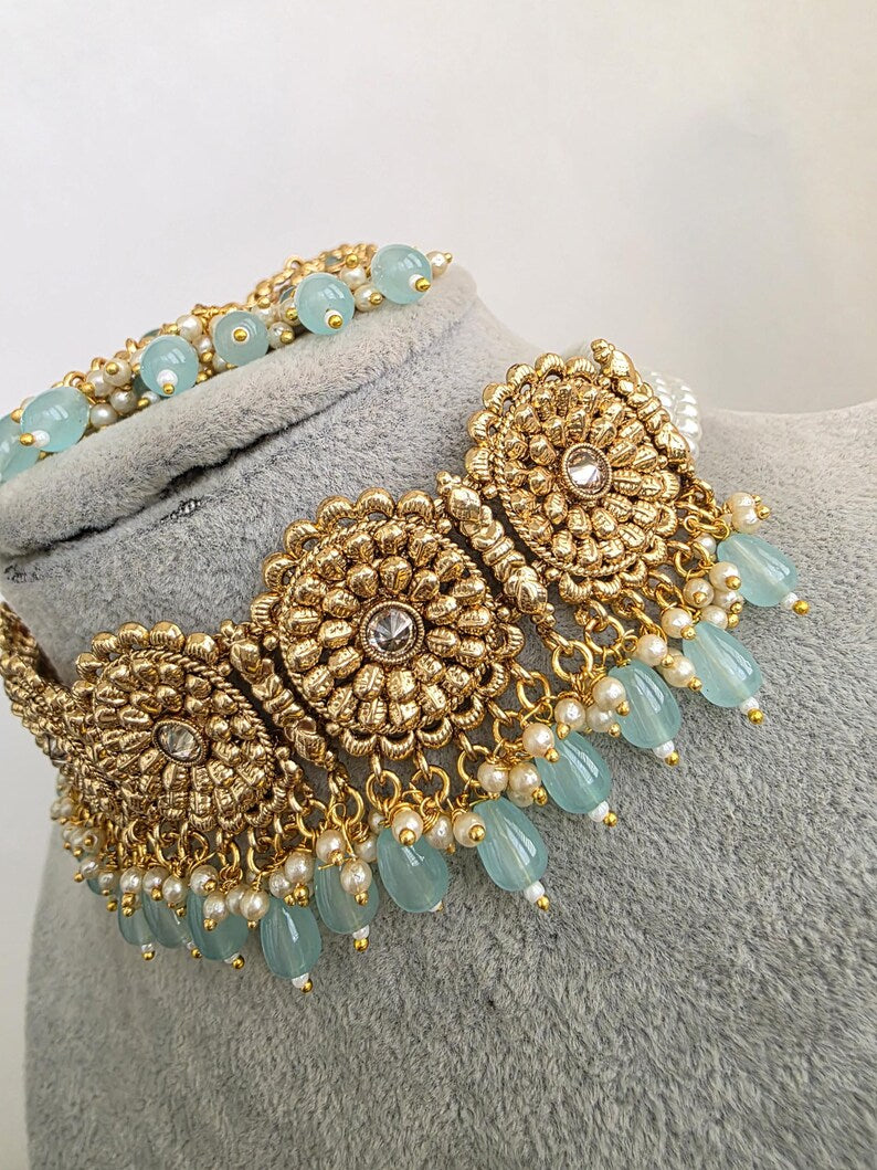 Aqua Blue Gold Pearl Kundan Choker set/Statement Necklace Set/Indian Jewelry/Pakistani Jewelry set/Wedding necklace/Bridal necklace/Indian