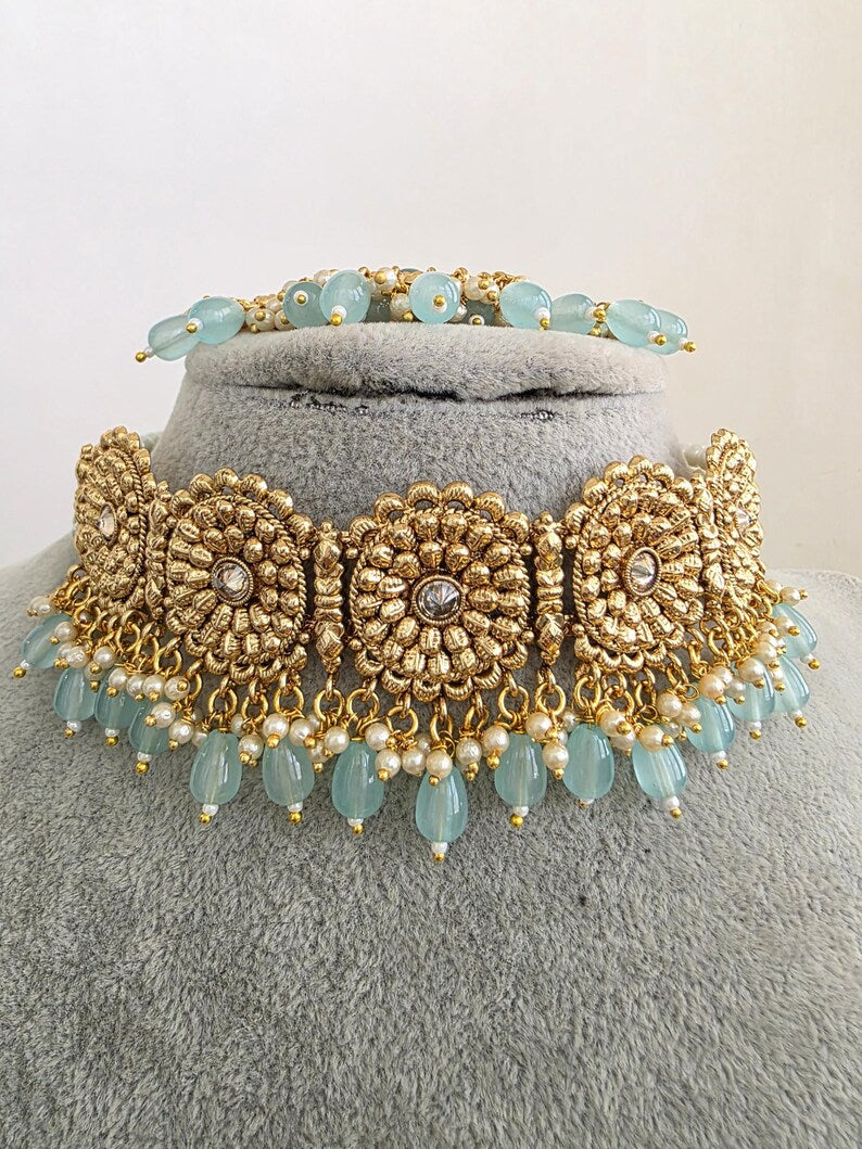 Aqua Blue Gold Pearl Kundan Choker set/Statement Necklace Set/Indian Jewelry/Pakistani Jewelry set/Wedding necklace/Bridal necklace/Indian