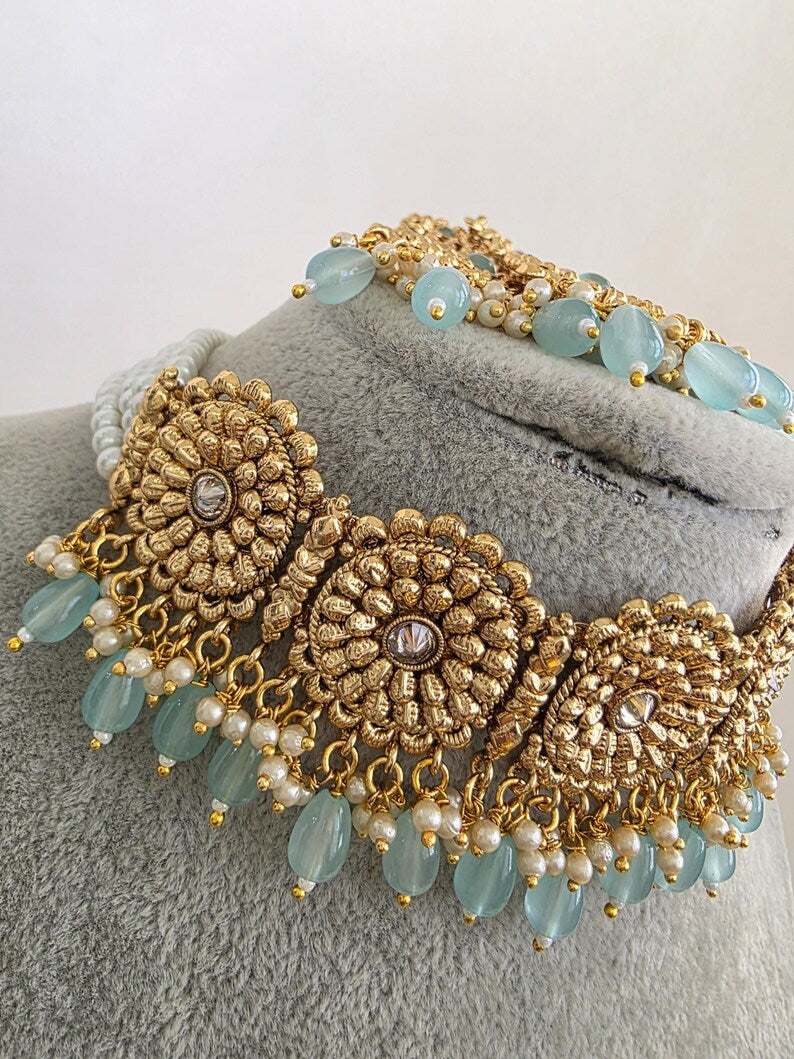 Aqua Blue Gold Pearl Kundan Choker set/Statement Necklace Set/Indian Jewelry/Pakistani Jewelry set/Wedding necklace/Bridal necklace/Indian