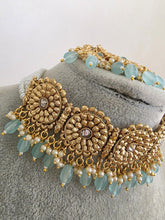 Aqua Blue Gold Pearl Kundan Choker set/Statement Necklace Set/Indian Jewelry/Pakistani Jewelry set/Wedding necklace/Bridal necklace/Indian