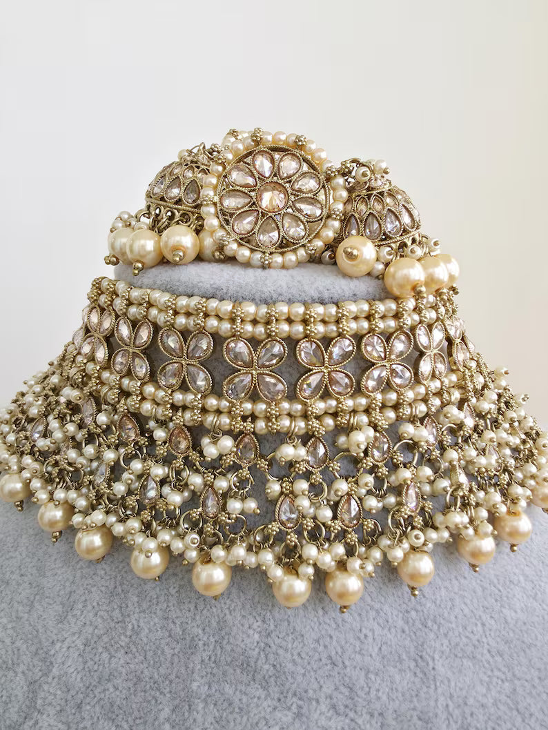 Antique Polki Pearl Kundan Choker set/Statement Necklace Set/Indian Jewelry/Pakistani Jewelry set/Wedding necklace/Bridal necklace/Indian