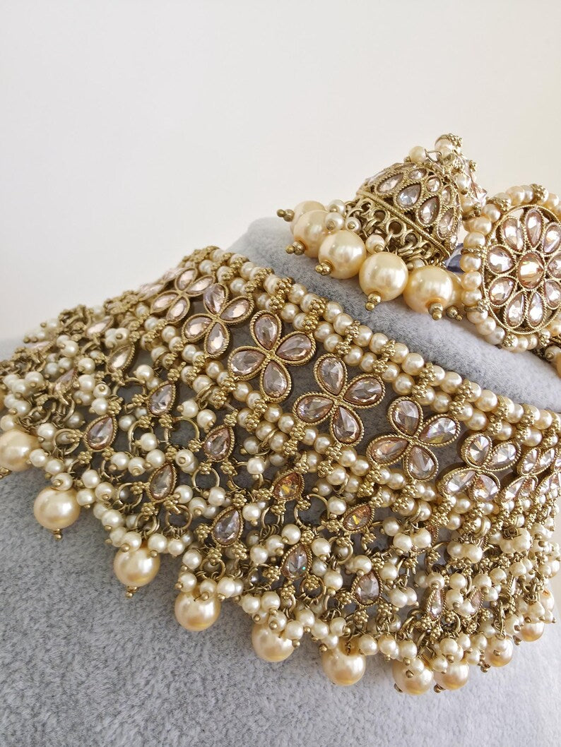 Antique Polki Pearl Kundan Choker set/Statement Necklace Set/Indian Jewelry/Pakistani Jewelry set/Wedding necklace/Bridal necklace/Indian