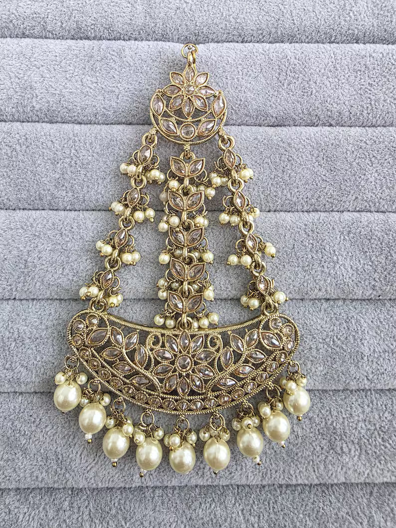 Antique Dull Gold Polki Pearl Passa, Jhoomer, Side tikka Indian Punjabi Pakistani wedding jewelry, jewelry, Hair accessories, Bridal Jewelry