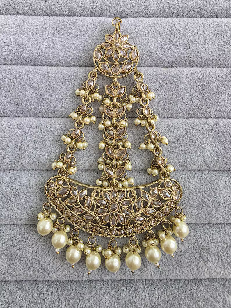 Antique Dull Gold Polki Pearl Passa, Jhoomer, Side tikka Indian Punjabi Pakistani wedding jewelry, jewelry, Hair accessories, Bridal Jewelry