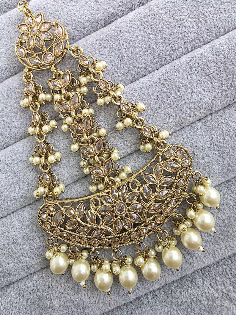 Antique Dull Gold Polki Pearl Passa, Jhoomer, Side tikka Indian Punjabi Pakistani wedding jewelry, jewelry, Hair accessories, Bridal Jewelry