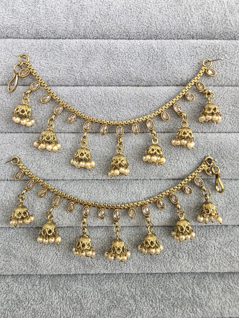 Antique Dull Gold Polki Ear Chain pair/Sahare/Pearl kaan chain/Earring support chain/Indian/Pakistani/Bahubali Earrings/Kaan Sahara 2pcs