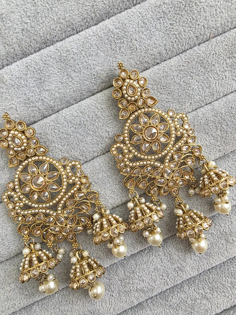 Antique Polki Pearl Stone Kundan Earrings/Long Kundan Stone Chandbali/Indian Earrings/pearl Earring/Pakistani Earrings/Statement Earrings