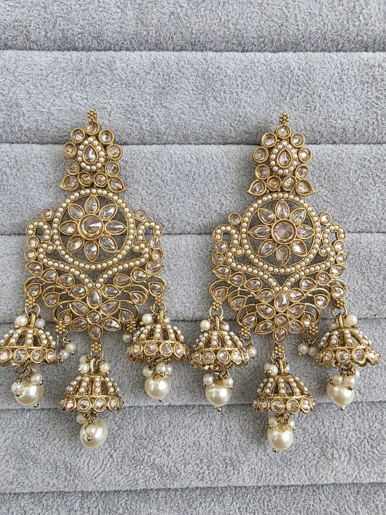 Antique Polki Pearl Stone Kundan Earrings/Long Kundan Stone Chandbali/Indian Earrings/pearl Earring/Pakistani Earrings/Statement Earrings