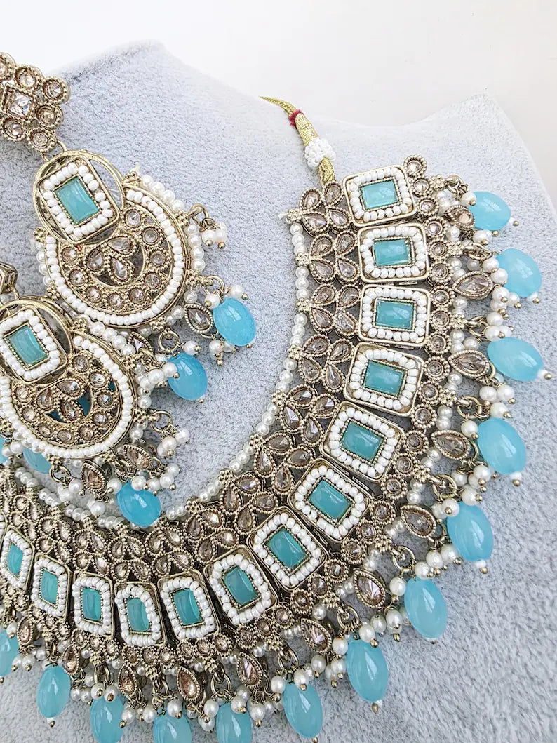 Aqua Blue Antique Polki Kundan necklace set/Reverse Ad Necklace/Statement necklace/Indian/Punjabi Necklace/Pakistani Jewelry/Bridal necklace