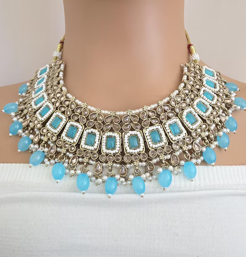 Aqua Blue Antique Polki Kundan necklace set/Reverse Ad Necklace/Statement necklace/Indian/Punjabi Necklace/Pakistani Jewelry/Bridal necklace