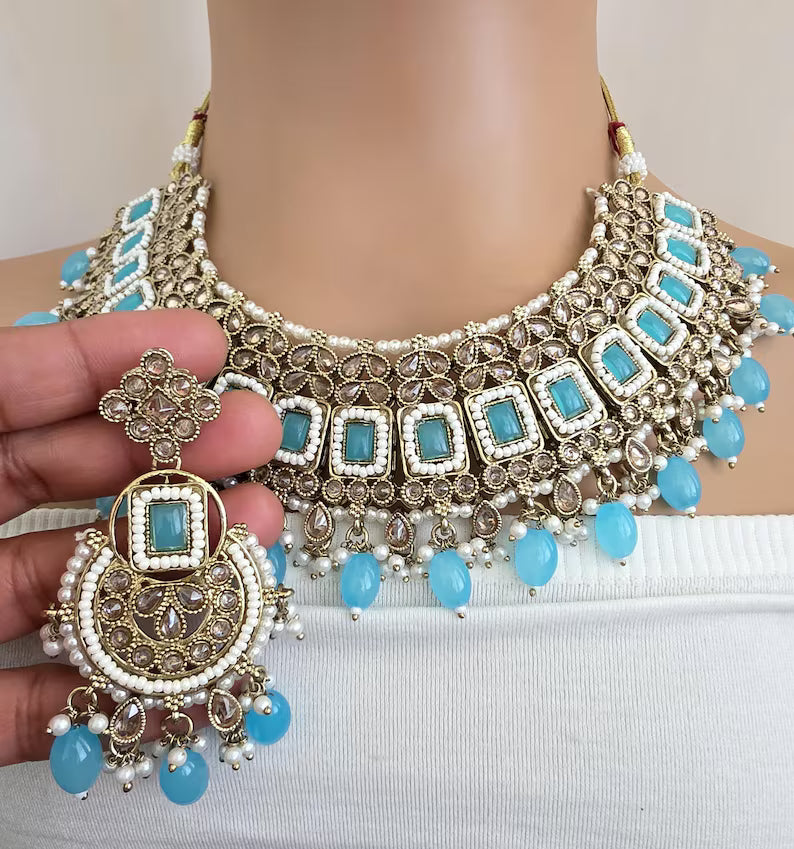 Aqua Blue Antique Polki Kundan necklace set/Reverse Ad Necklace/Statement necklace/Indian/Punjabi Necklace/Pakistani Jewelry/Bridal necklace