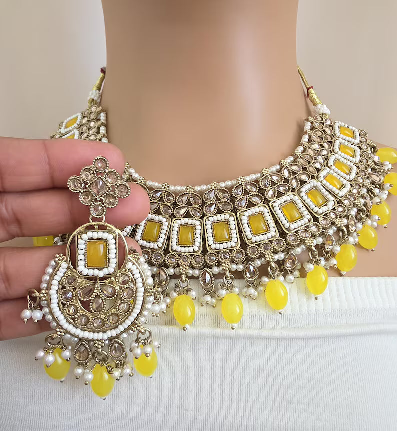 Yellow Antique Polki Kundan necklace set/Reverse Ad Necklace/Statement necklace/Indian/Punjabi Necklace/Pakistani Jewelry/Bridal necklace
