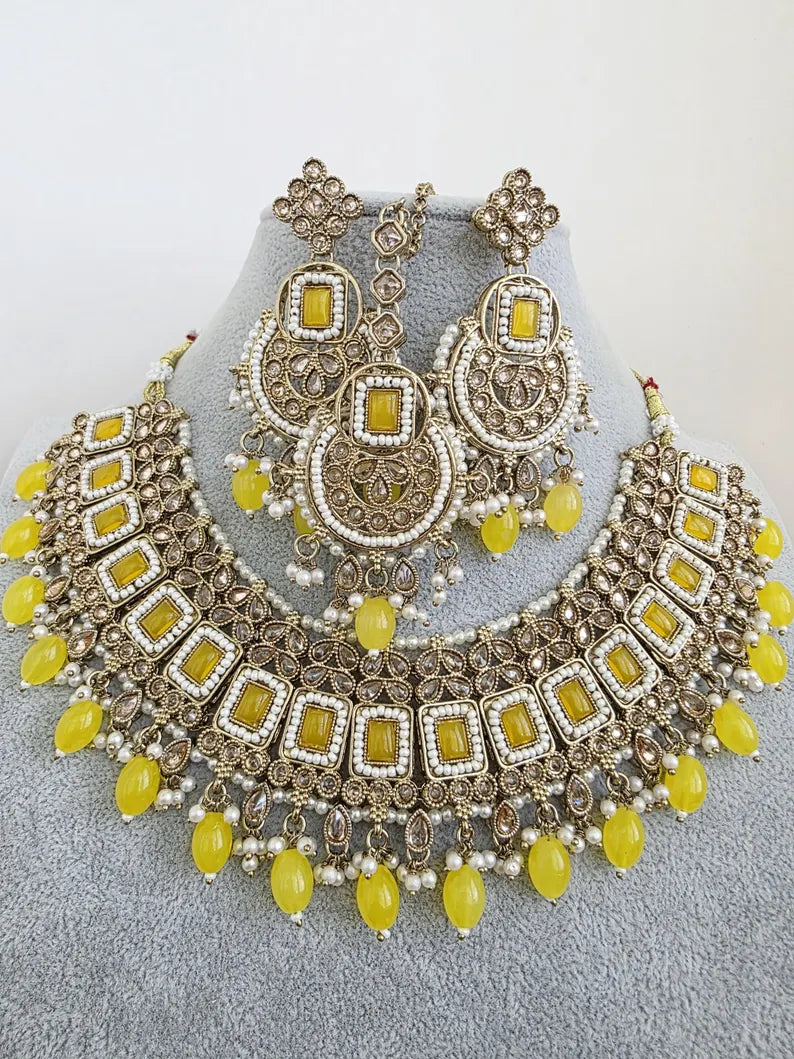 Yellow Antique Polki Kundan necklace set/Reverse Ad Necklace/Statement necklace/Indian/Punjabi Necklace/Pakistani Jewelry/Bridal necklace