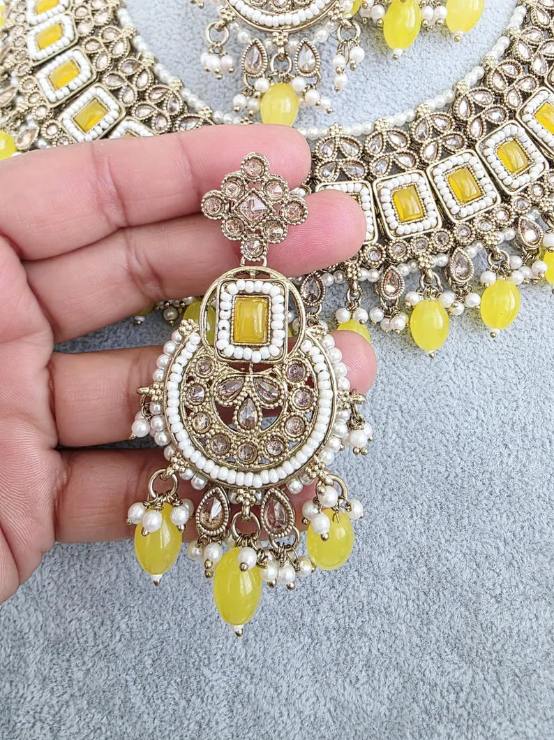 Yellow Antique Polki Kundan necklace set/Reverse Ad Necklace/Statement necklace/Indian/Punjabi Necklace/Pakistani Jewelry/Bridal necklace