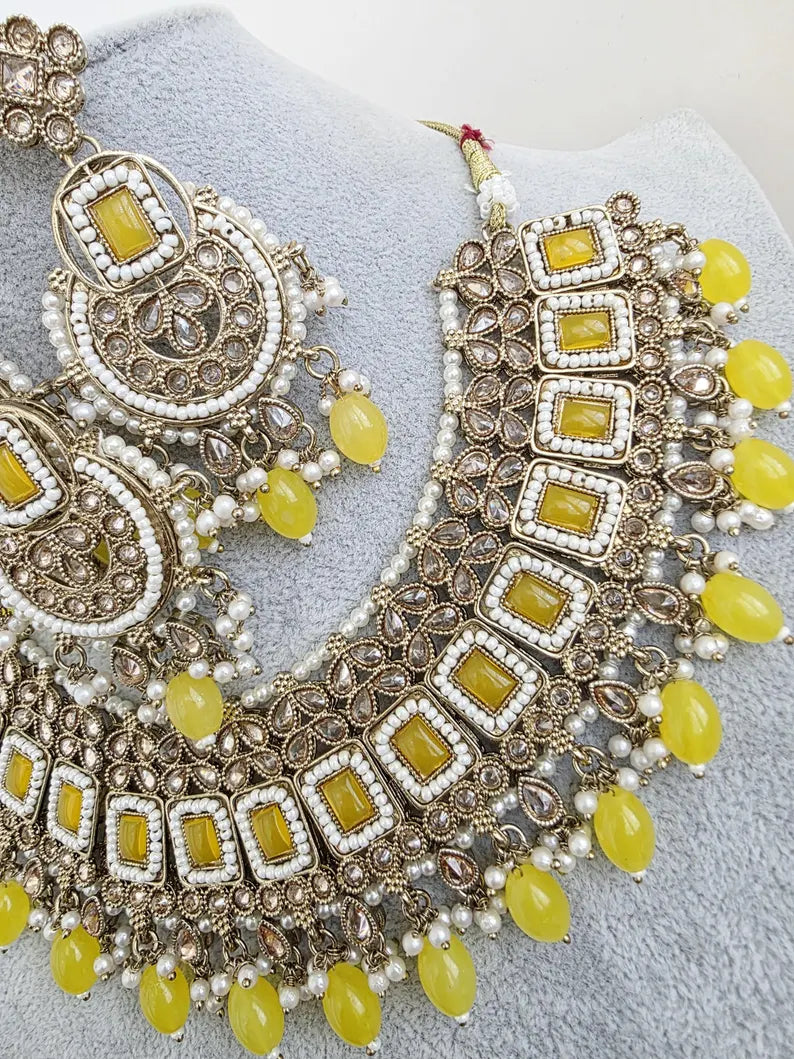 Yellow Antique Polki Kundan necklace set/Reverse Ad Necklace/Statement necklace/Indian/Punjabi Necklace/Pakistani Jewelry/Bridal necklace