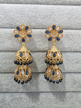 Blue Antique Jhumki With Gold Plating, Gold Polki Jhumka, stone Jhumka, Indian Jewelry, Jhumka earrings, Gold double Jhumka earrings