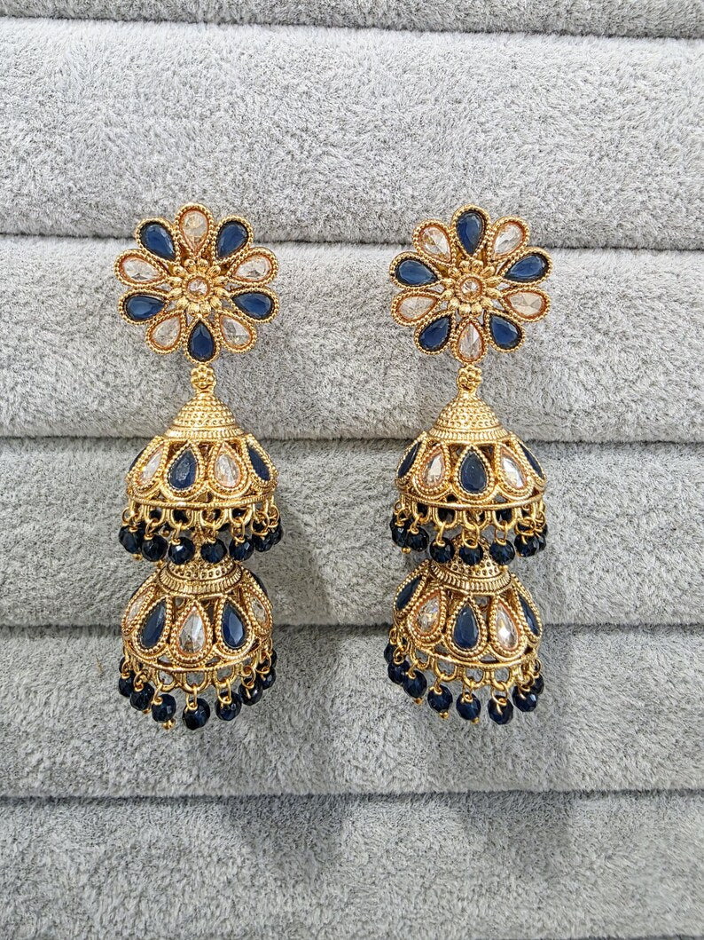 Blue Antique Jhumki With Gold Plating, Gold Polki Jhumka, stone Jhumka, Indian Jewelry, Jhumka earrings, Gold double Jhumka earrings