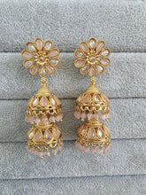 Pink Antique Jhumki With Gold Plating, Gold Polki Jhumka, stone Jhumka, Indian Jewelry, Jhumka earrings, Gold double Jhumka earrings