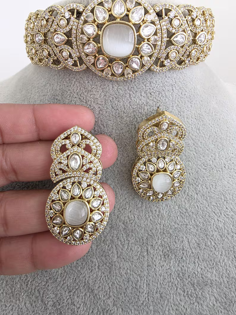 White Victorian Moissanite kundan Necklace, Indian Bridal Jewelry, Bollywood Sabyasachi Designer necklace, Indian Pakistani Wedding