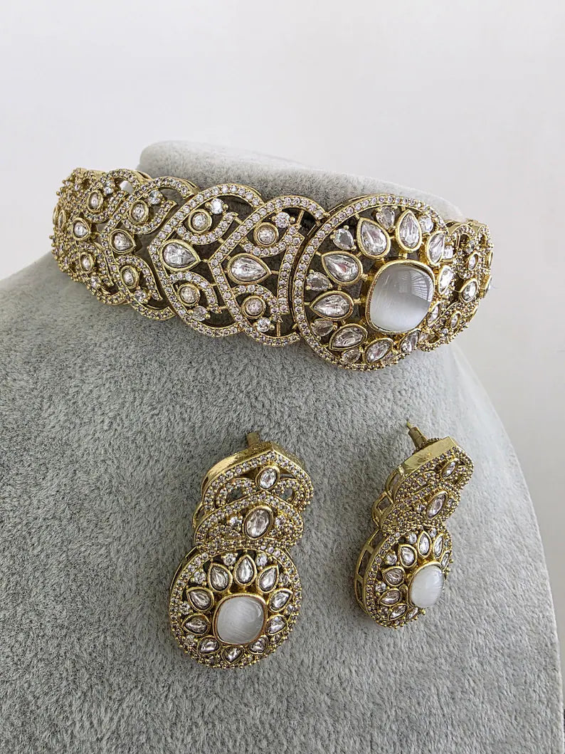 White Victorian Moissanite kundan Necklace, Indian Bridal Jewelry, Bollywood Sabyasachi Designer necklace, Indian Pakistani Wedding