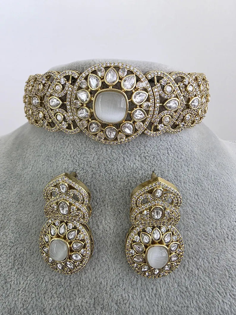 White Victorian Moissanite kundan Necklace, Indian Bridal Jewelry, Bollywood Sabyasachi Designer necklace, Indian Pakistani Wedding