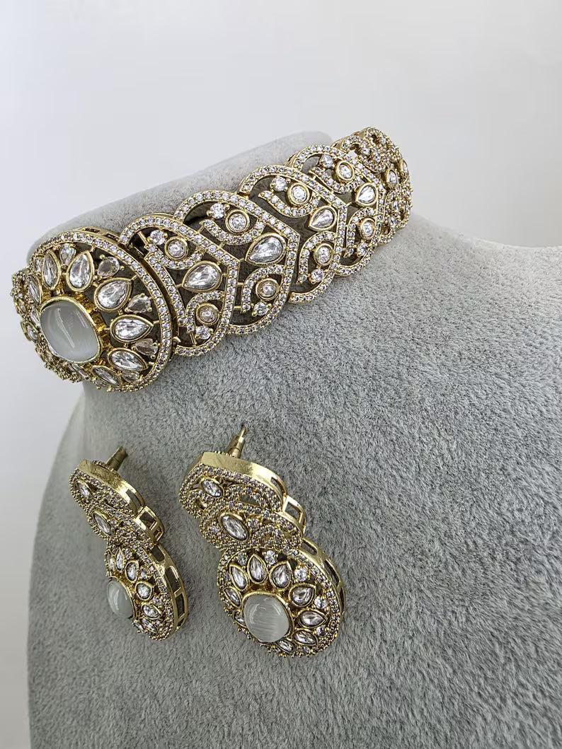 White Victorian Moissanite kundan Necklace, Indian Bridal Jewelry, Bollywood Sabyasachi Designer necklace, Indian Pakistani Wedding