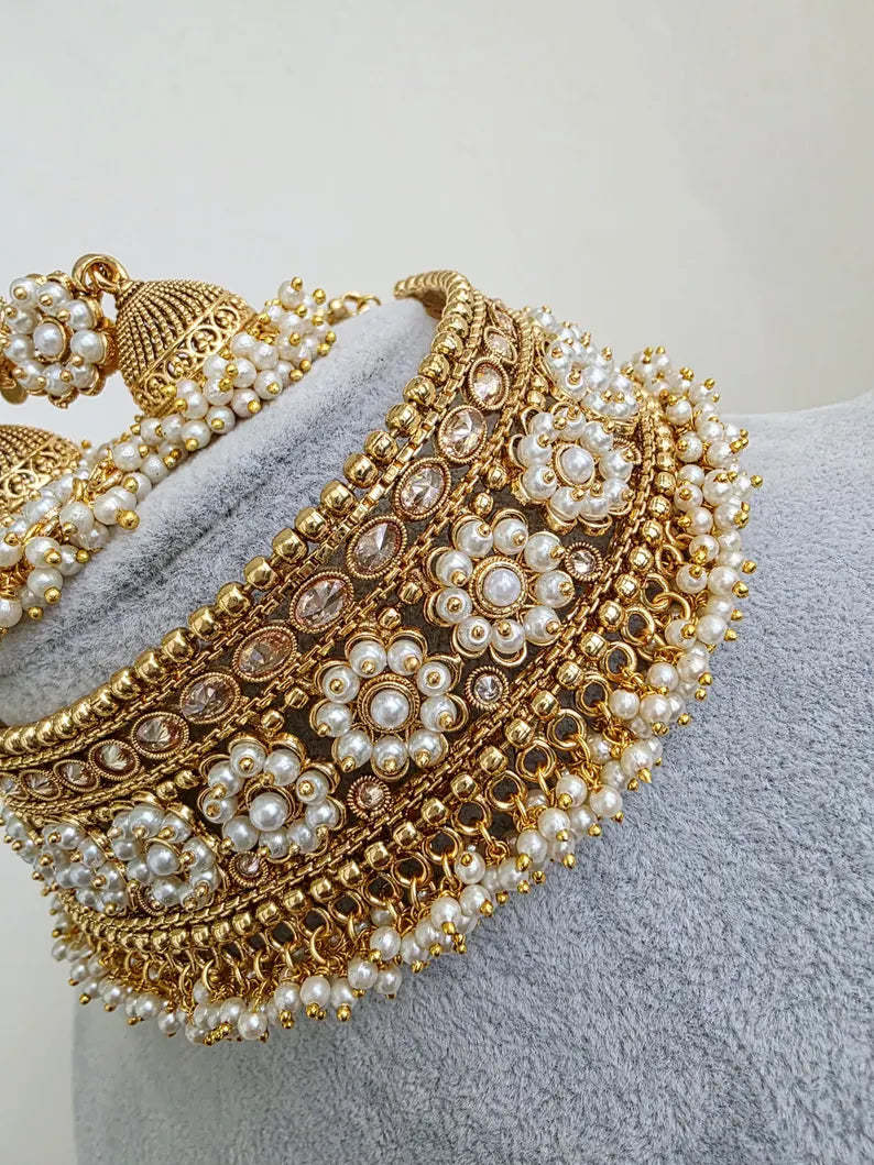 White Gold Polki Choker Necklace, Indian Jewelry, indian wedding necklace, bridal jewelry, Punjabi Pakistani south Indian necklace,Mukut set