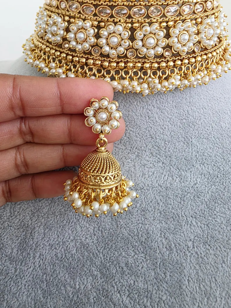 White Gold Polki Choker Necklace, Indian Jewelry, indian wedding necklace, bridal jewelry, Punjabi Pakistani south Indian necklace,Mukut set