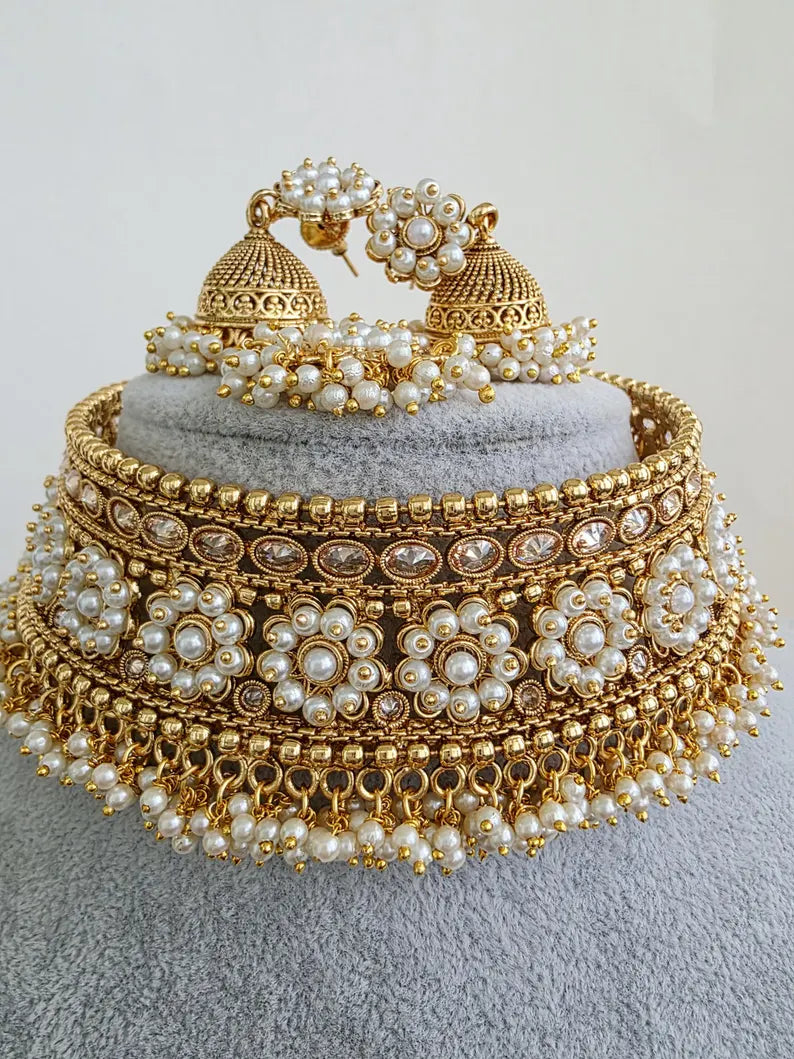 White Gold Polki Choker Necklace, Indian Jewelry, indian wedding necklace, bridal jewelry, Punjabi Pakistani south Indian necklace,Mukut set