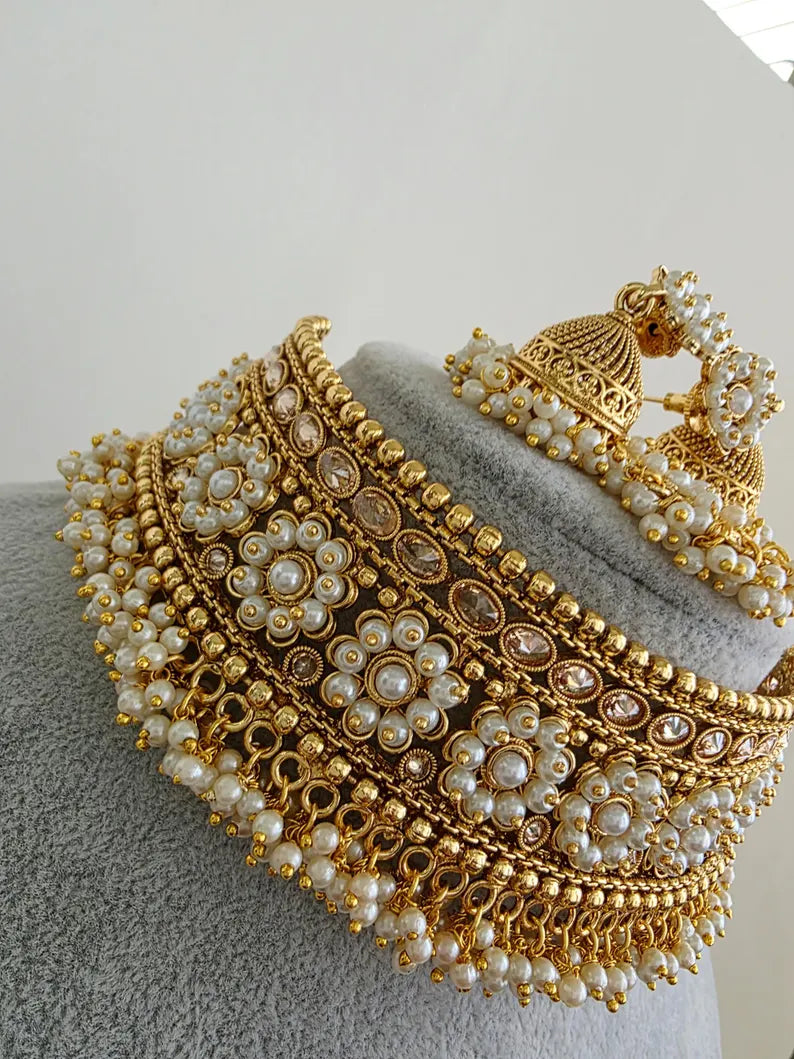 White Gold Polki Choker Necklace, Indian Jewelry, indian wedding necklace, bridal jewelry, Punjabi Pakistani south Indian necklace,Mukut set