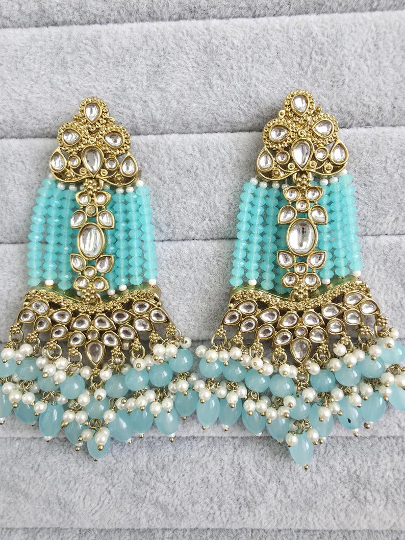 Aqua Blue Kundan Earrings/Indian Earrings/pearl Earring/Pakistani Earrings/Statement Earrings/Long chandelier/bridal earrings