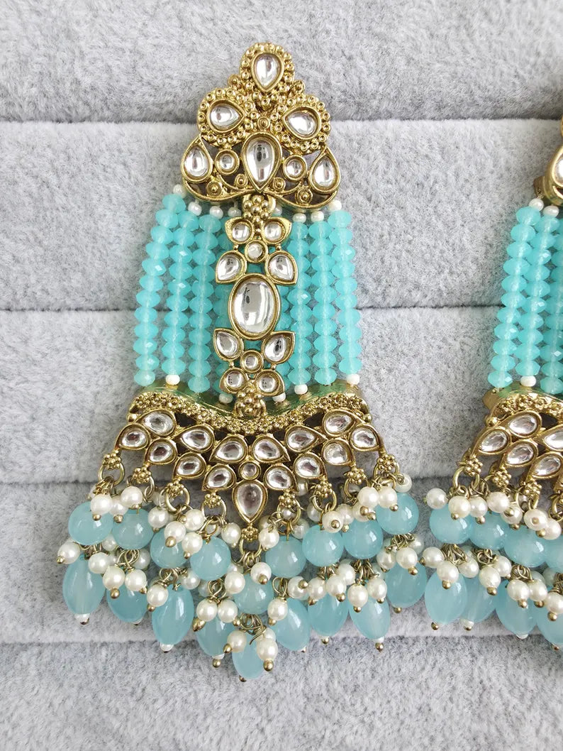 Aqua Blue Kundan Earrings/Indian Earrings/pearl Earring/Pakistani Earrings/Statement Earrings/Long chandelier/bridal earrings