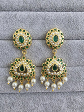 Green Jadau Gold Plated Earrings/Indian Earrings/Pearl Earring/Pakistani Earrings/Statement Earrings/South Indian Jewelry/Kemp Jewelry