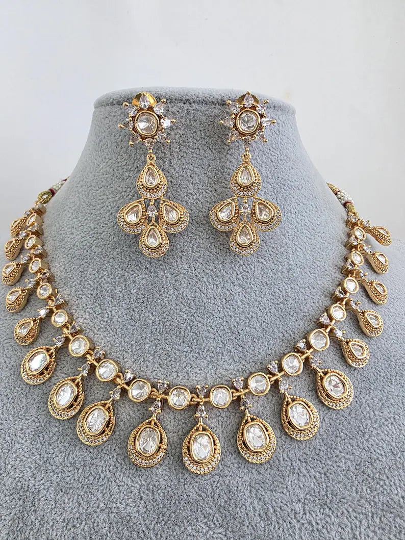 White Moissanite Kundan Necklace/Indian Kundan Set /Bollywood Jewelry/Indian wedding/Bridal Indian Wedding/Pakistani/Punjabi